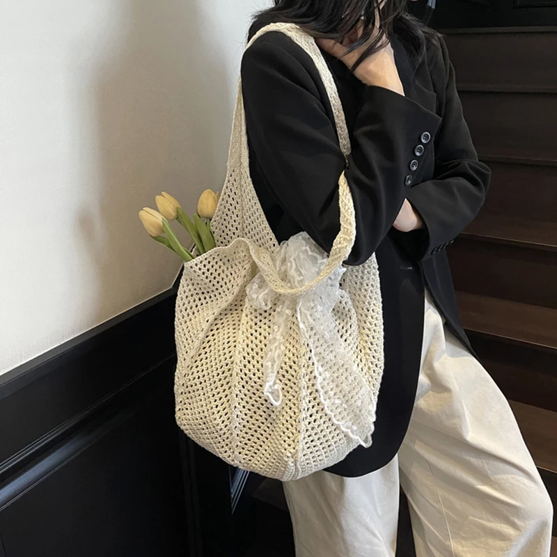 Solid Color Women Knitting Lace Bow Shoulder Bag Hollow Out Large Capacity Crochet Tote Bag Spacious Convenient Sundries Storage