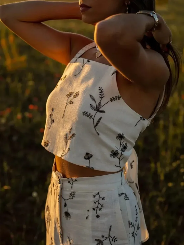 Ladies Fashion Women Summer Skirt Suits Printed Sleeveless Backless Crop Vest+Drawstring A-Line Skirt Women Two Pieces Female