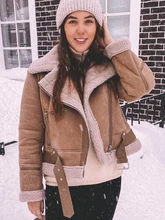  Ailegogo Women Winter Faux Shearling Sheepskin Fake Leather Jackets Lady Thick Warm Suede Lambs Short Motorcycle Brown Coats 