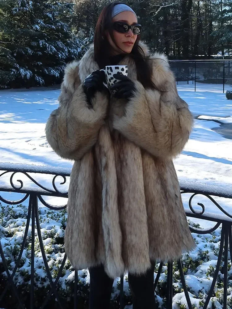 2024 Luxurious Lapel Faux Fur Midi Coat Women Street Long Sleeve Oversize Cardigan Jacket Winter Thick Warm Female Outerwear 3