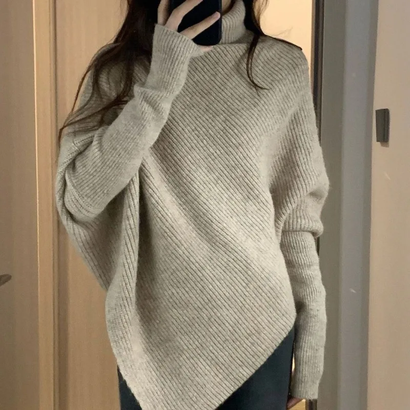 

Women's Irregular High Neck Solid Color Sweater 2023 Autumn and Winter Trendy Loose Thick Batwing Sleeve Pullover Knitted Tops
