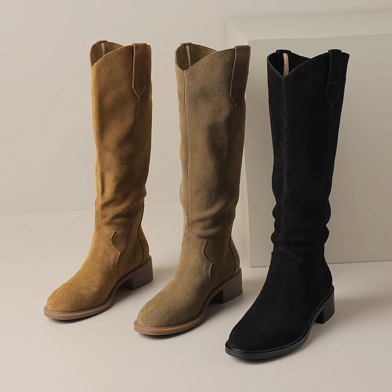

2024 New Suede Leather Knee HIgh Boots Rounded Toe Pull On Lady Casual Soft Shoes Low Heels Fashion Solid Black Footwear