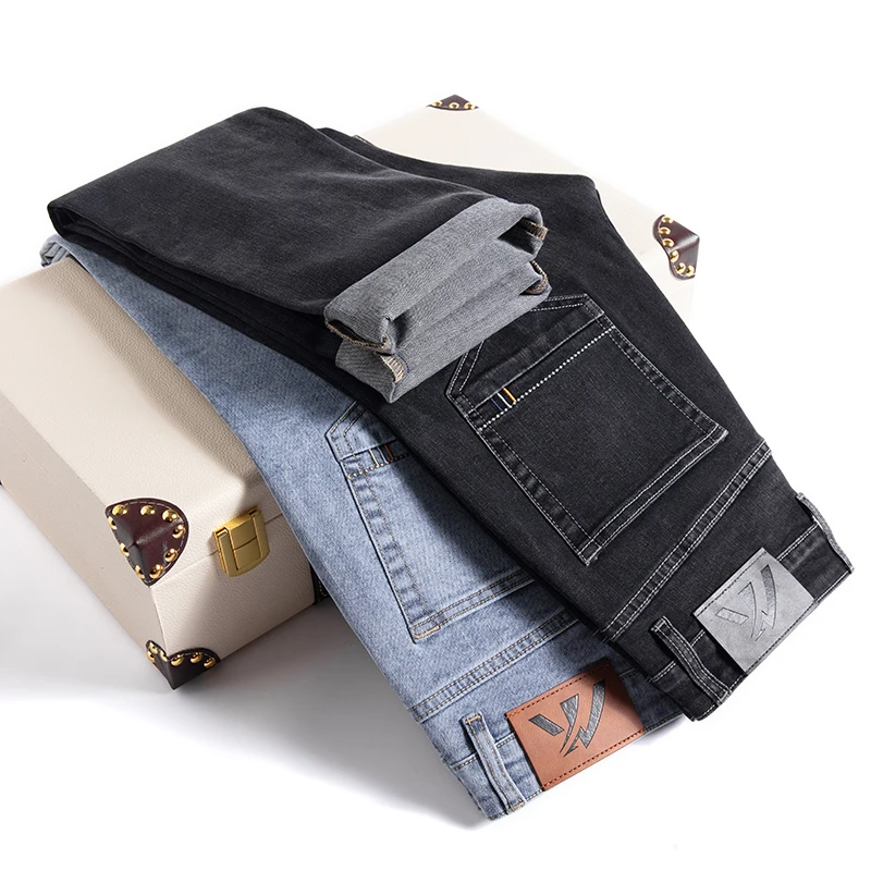 

2022 Autumn Classic Cotton Denim Pants Straight Trousers Male Brand New Men Fashion Regular Fit Stretch Jeans Casual Black Blue