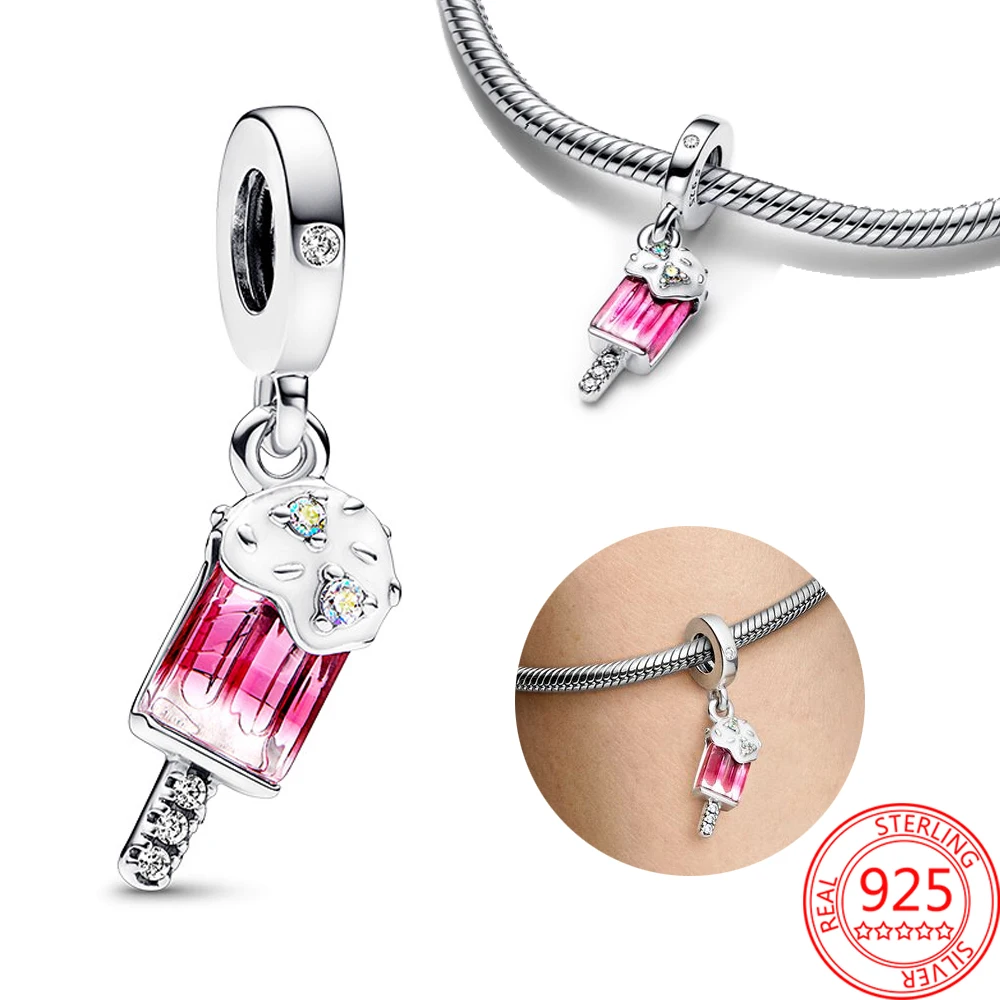 

Cute 925 Sterling Silver Pavé Zircon Pink Glass Enamel Popsicle Ice Lolly Charm Fit Pandora Bracelet DIY Pendant Jewelry Gift