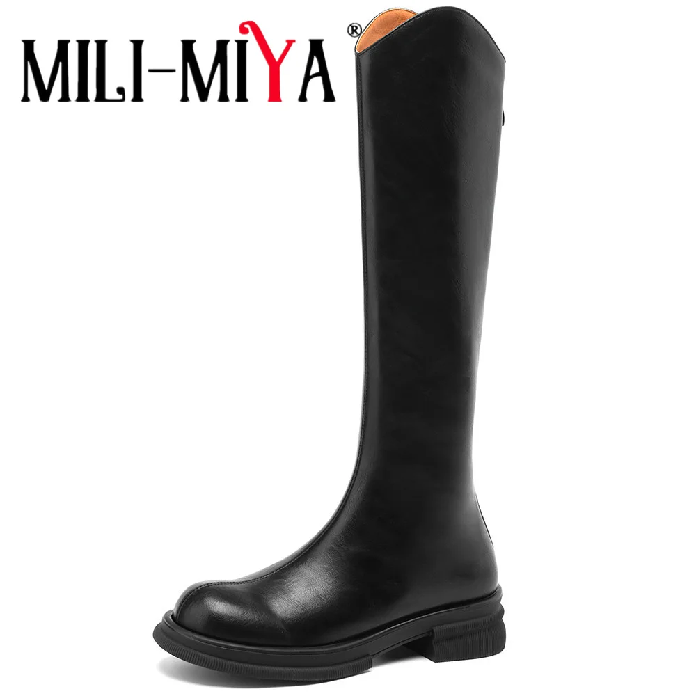 

MILI-MIYA Fashion Middle Splicing Women Cow Leather Solid Color Knee High Boots Thick Heels Zippers Casual Street Shoe Handmade