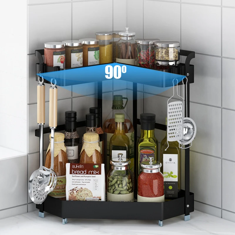 

Kitchen Floor-to Ceiling Multi-level Corner Spice Bottle Storage Rack Black Household Iron Counter Top Spice Shelf High Quality