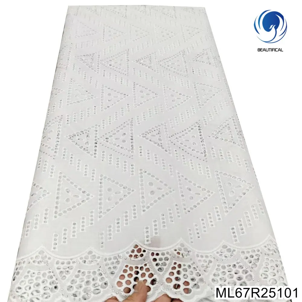 

2023 White Series African Rhinestones Nigerian Swiss Voile Lace Fabric 100% Cotton for Party Dress ML67R251