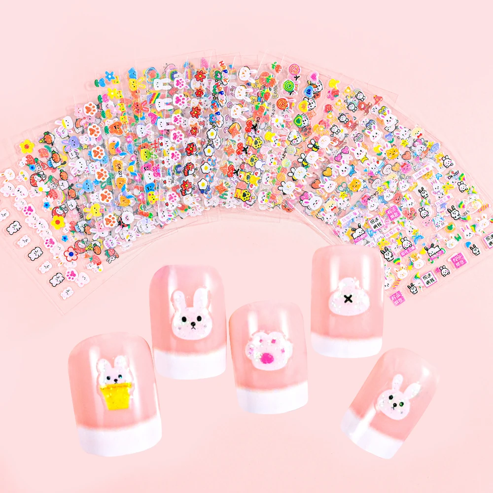 Children's Cartoon Rabbit Nail Stickers with Sequins and Glitter Colorful Flowers DIY Decal Kid Toy Kawaii Girl Ornaments 30pcs nail stickers,nail decals,nail art decoration,flower stickers