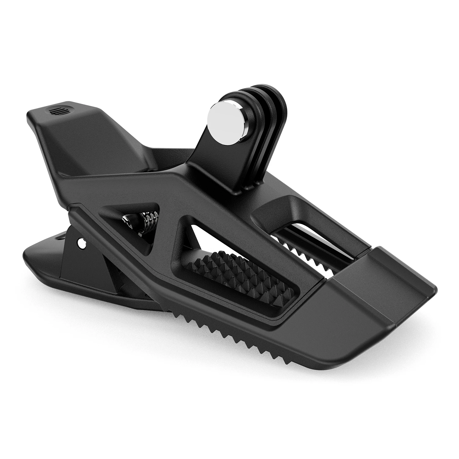 Caméra Insta360 installée sur le support de menton pour casque de moto, angle de vue depuis l'arrière du casque.