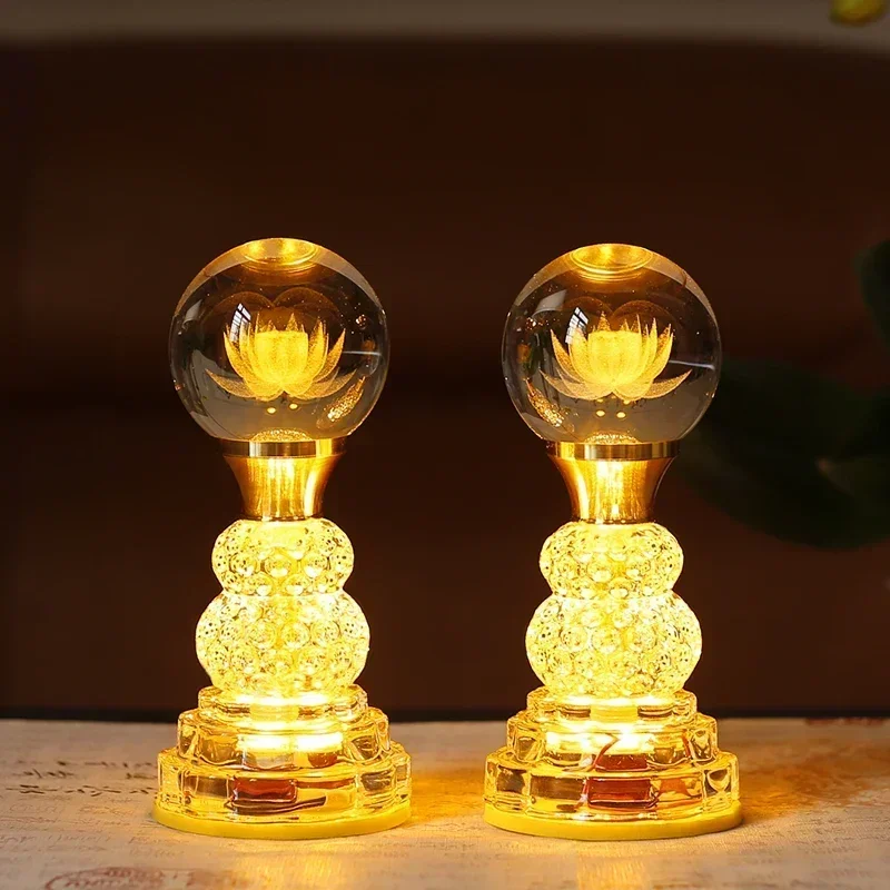 Household LED Crystal Lotus Lamp, Buddhist Decorative Accessories, Seven Color Buddha Supply Lamps, Prayer, Feng Shui, Plug-in