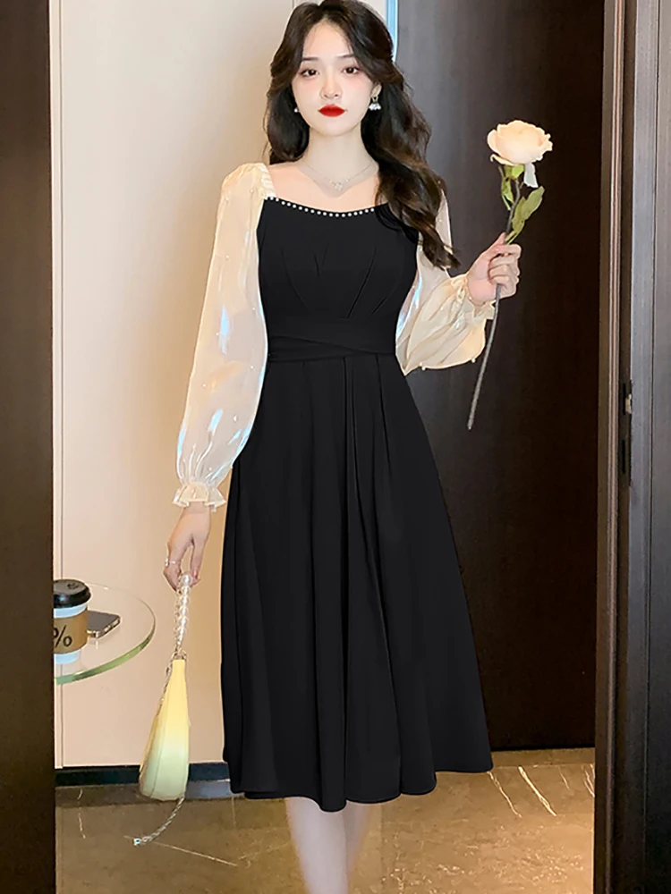 Women Black Cotton Patchwork Mesh Peal Long Sleeve Midi