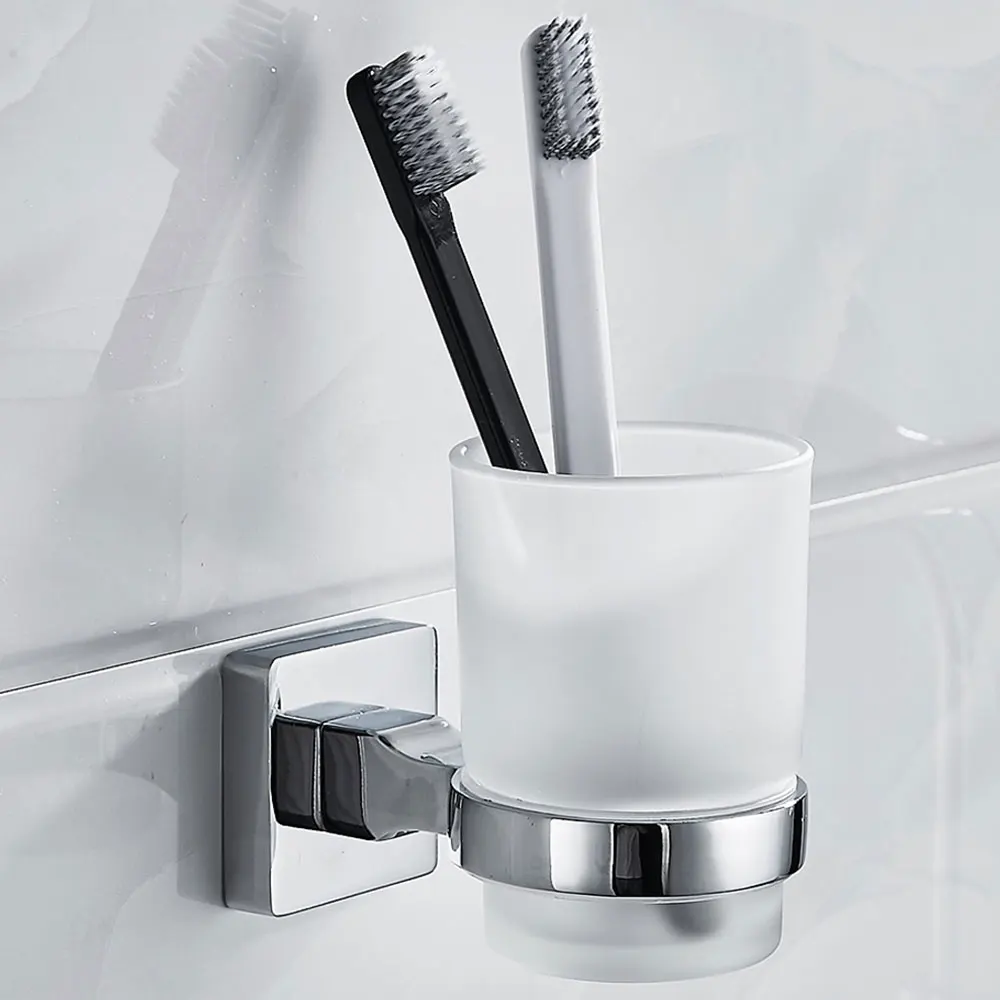 Bathroom Wall-Mounted Toothbrush Holder Frosted Glass Cup Tumbler Zinc Alloy Frame Toothpaste Razor Organizer Bathroom Storage toothbrush holder toothpaste dispenser bathroom storage rack