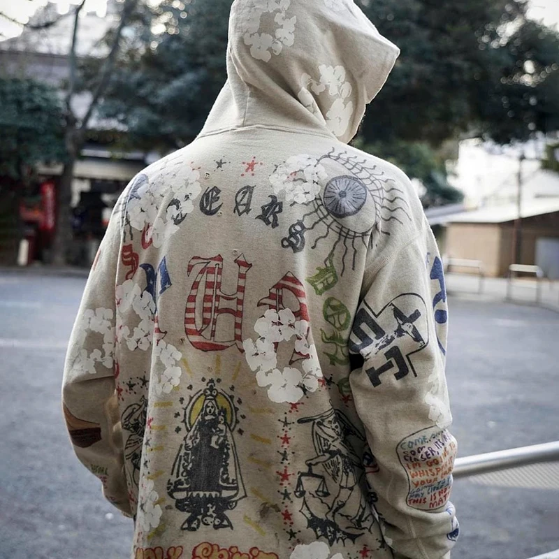 

Kapok hand-painted graffiti trendy American heavy weight vintage loose hooded sweater