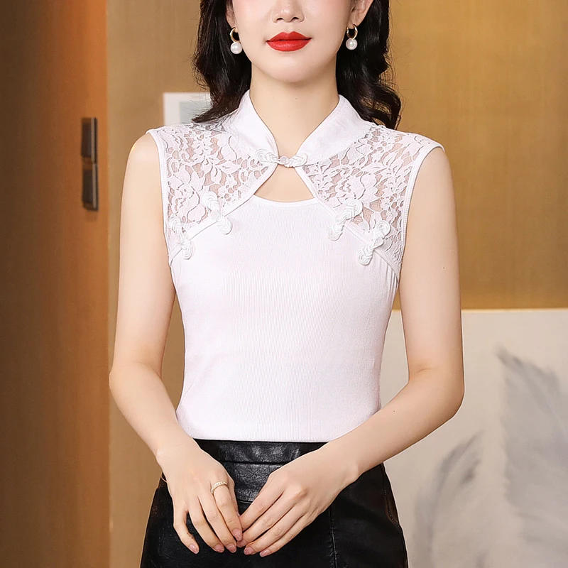 

Пикантная трикотажная футболка в китайском стиле с кружевом и пэчворком, жилет без рукавов, топы, модная летняя женская рубашка