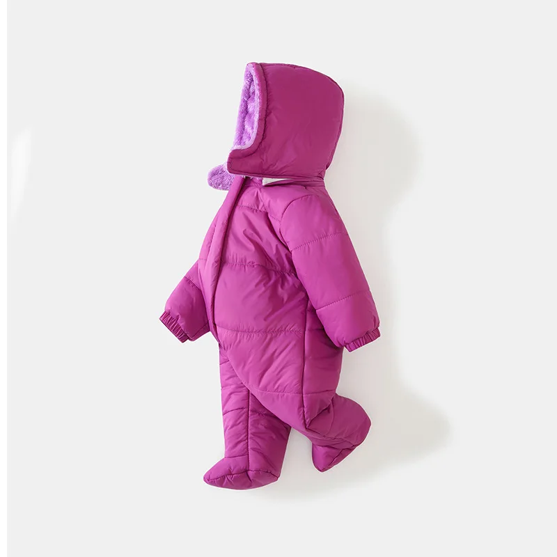 Autumn Winter Solid Color Baby Girl Hooded Coat Thickened Jumpsuit with Zipper Newborn Warm Rompers Boutique Clothing