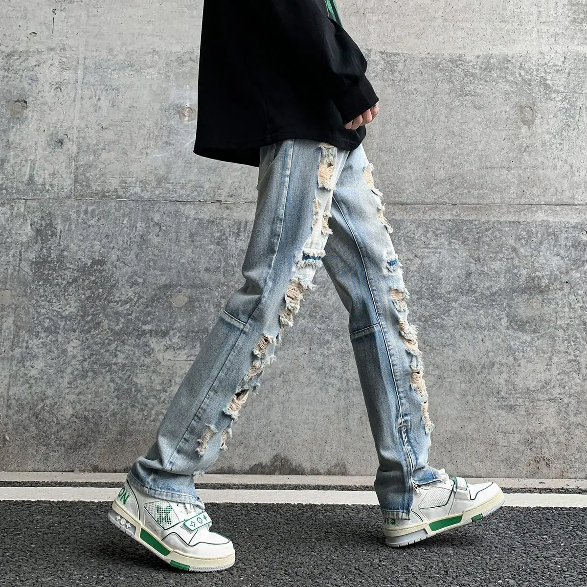 Y2K retro ripped jeans men's spring American retro street gangster handsome pants niche design zipper slit straight pants