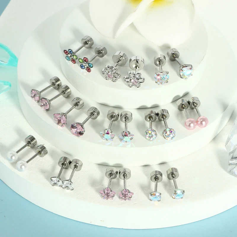 2Pcs Stainless Steel Ear Stud Heart Moon Earbone Small Flat Back Earrings for Women Helix Tragus Cartilage Body Piercing Jewelry