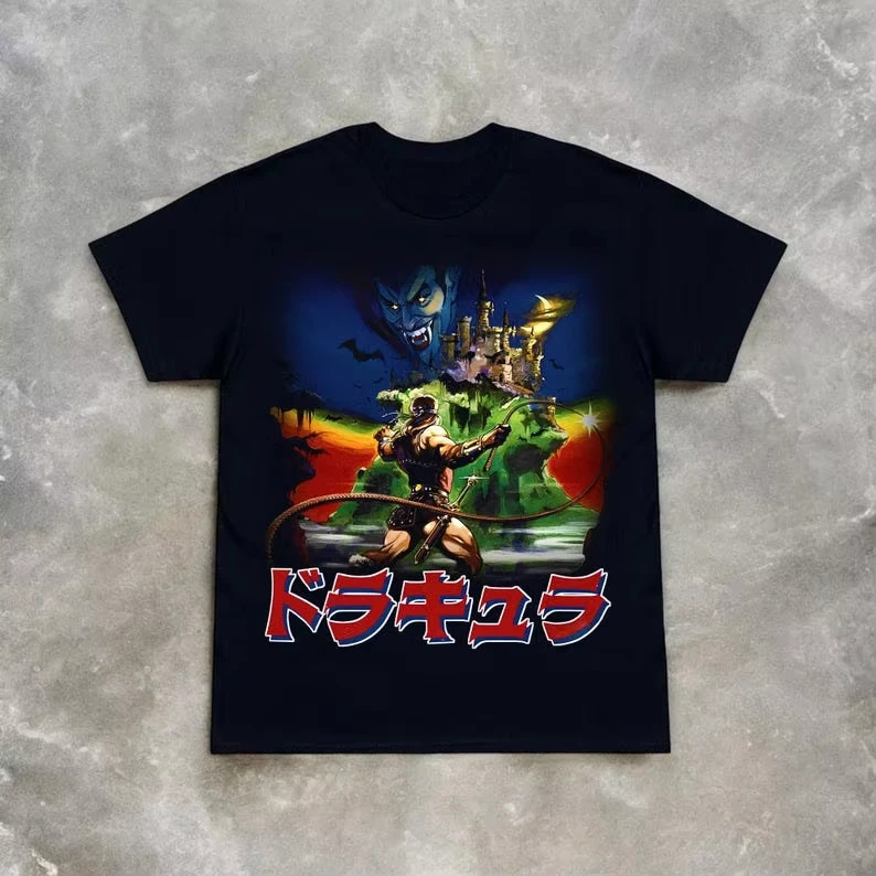 Castlevania NES Konami 80er-Jahre-Retro-T-Shirt-Muster, Y2K-Videospiel, alle Jahreszeiten, Paar, reine Baumwolle, Streetwear, Oberteile, Hemden für Männer