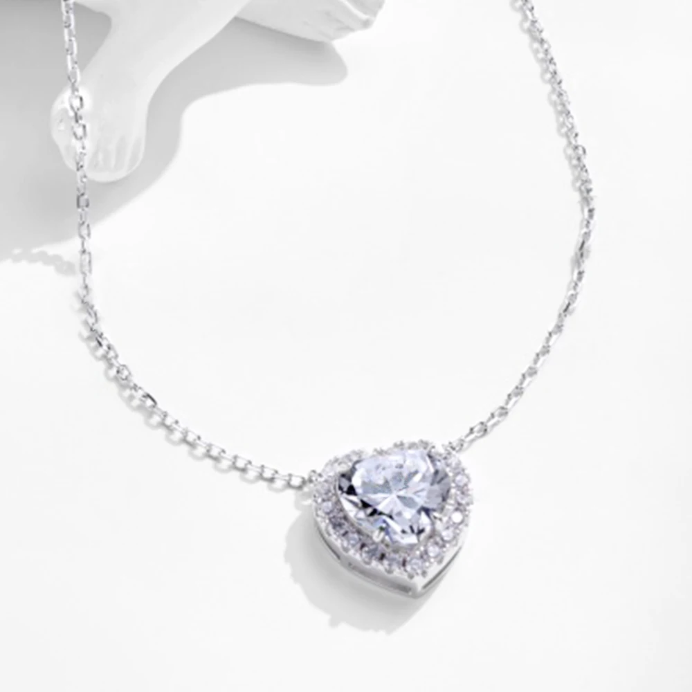True S925 Silver Heart Necklace Women 10mm Heart Diamond Pendant Necklace Female Luxury Jewelry Shining 5A Zircon Girl Gift Lady