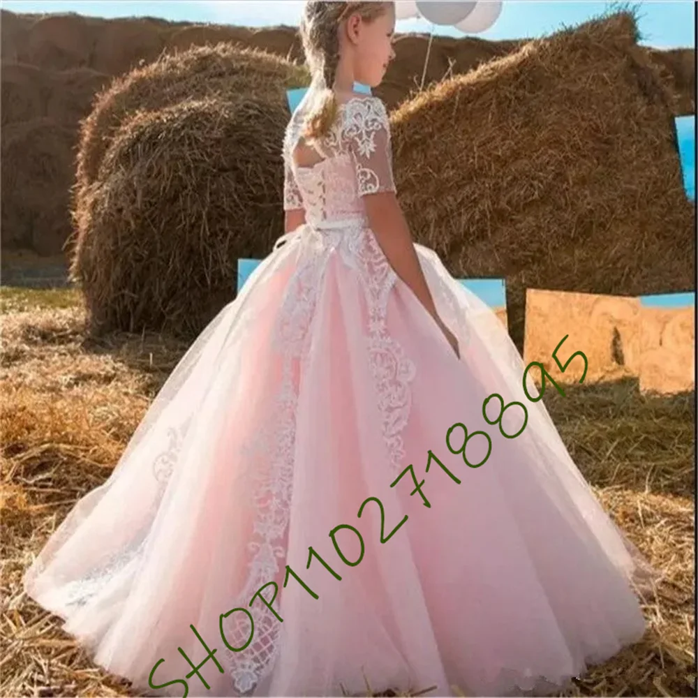 

Flower Girls Dresses For Weddings 3D Floral Appliqued Lace Little Kids First Communion Dress Cheap Pageant Gowns