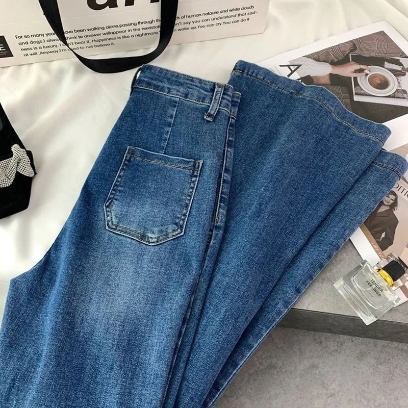Chic Pocket Streetwear Flare Jeans 2023 Simple High Waist Slim Denim Trousers Spring Autumn Loose Straight Pants Woman Vaqueros images - 6