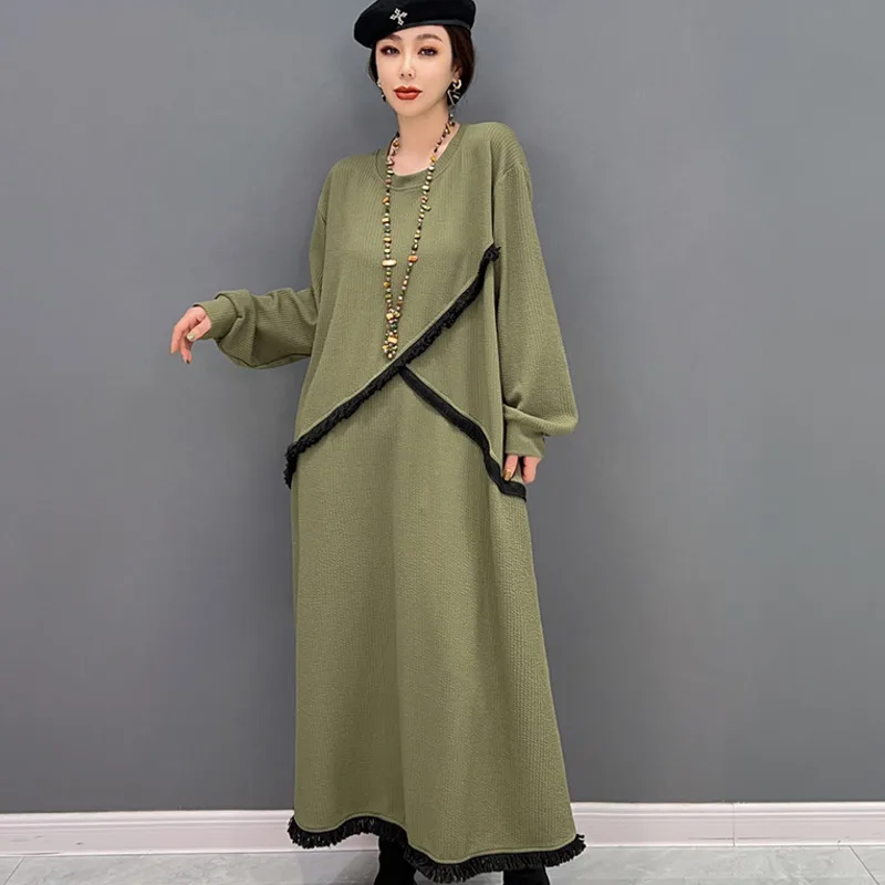 

2023 Spring Autumn Round Neck Pullover Dress Loose Mid-length Solid Color Temperament Dress