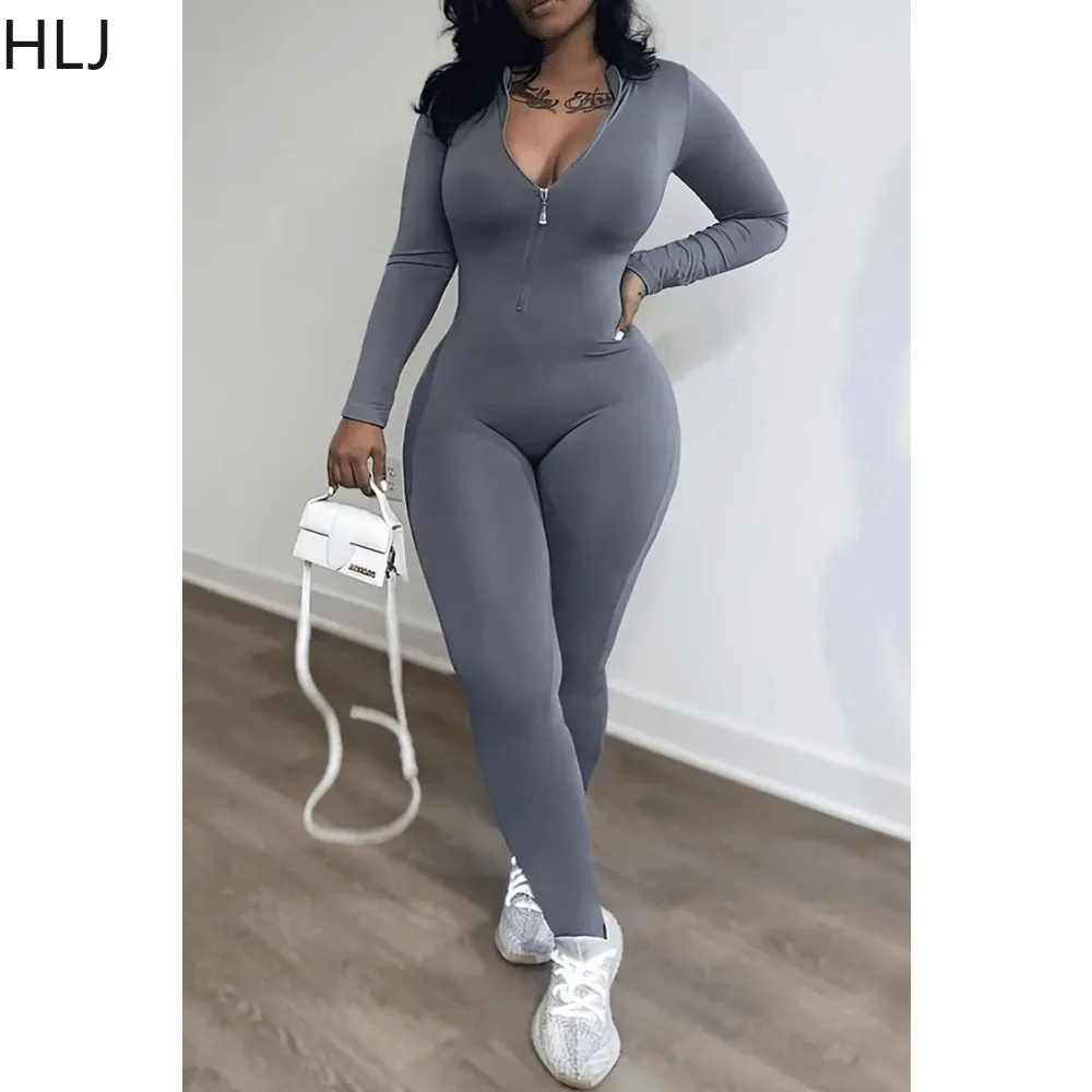 HLJ Fashion Solid Bodycon Elasticity Sporty Jumpsuits Women Zipper V Neck Long Sleeve Slim Playsuits Female Hot Girl Streetwear
