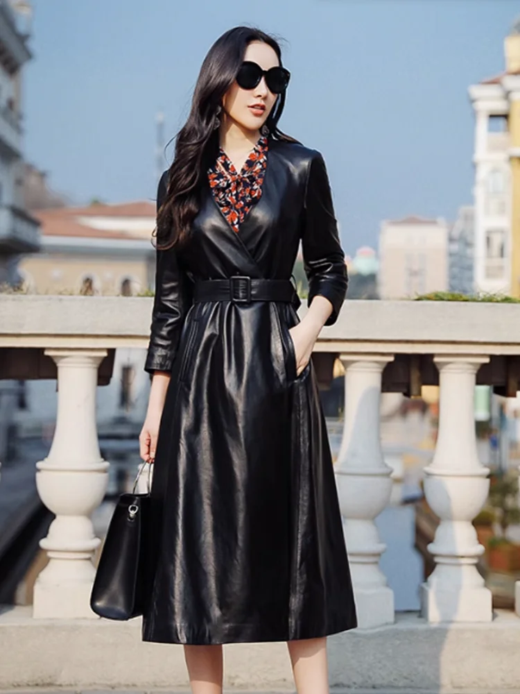 Autumn New Women V Neck Belted Slim Fit Genuine Leather Trench Coat Elegant Office Ladies Windbreaker Real Sheepskin Long Jacket