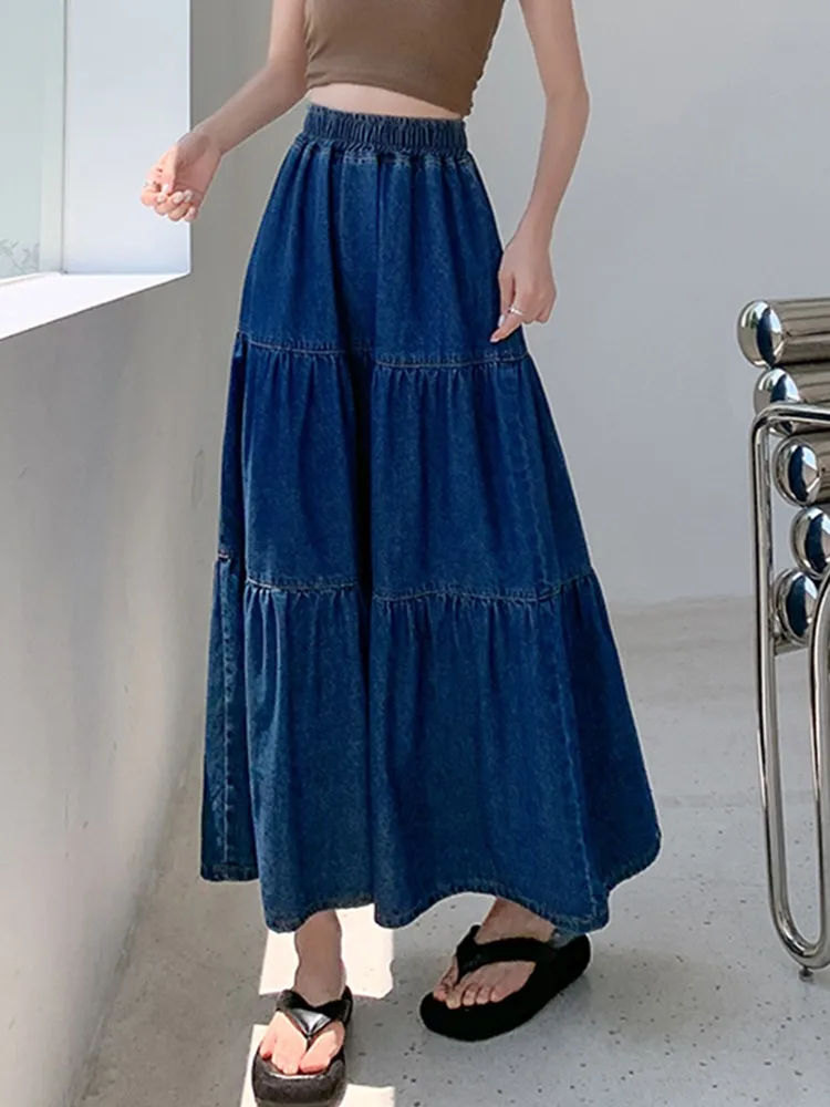 

Jeans Skirt Women Summer Cotton Elastic High Waist A-line Midi Skirts Female Vintage All-match Fashion Denim Casual Skirt