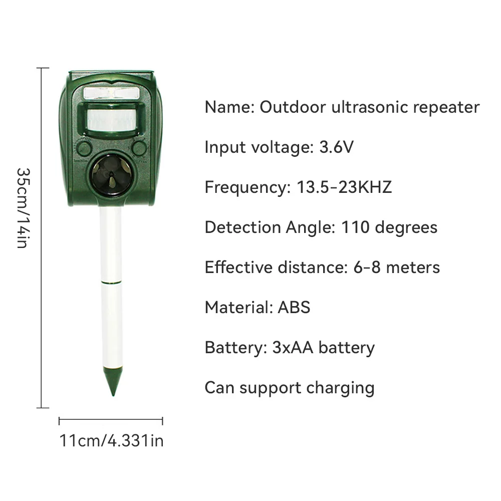 Solar Outdoor Ultrasonic Insect Repellent PIR Sensor Garden Pests Mouse Bird Bat Animal Repellent Adjustable 6M-8M