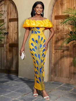 Rukevwe Long Off Shoulder Print Dress