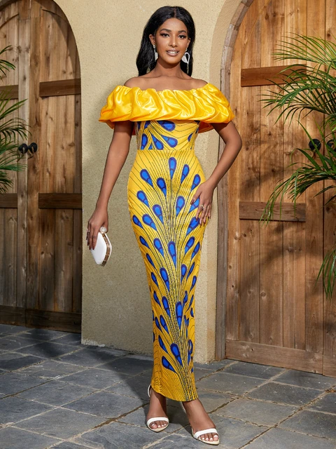 Rukevwe Long Off Shoulder Print Dress