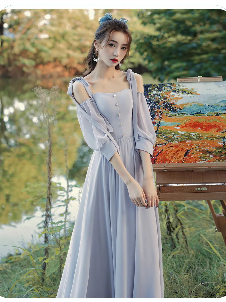 Elegant Bridesmaid Dresses New Gray Simple Three Quarte Sleeve Women Wedding Party Dress Female Long Prom Grown