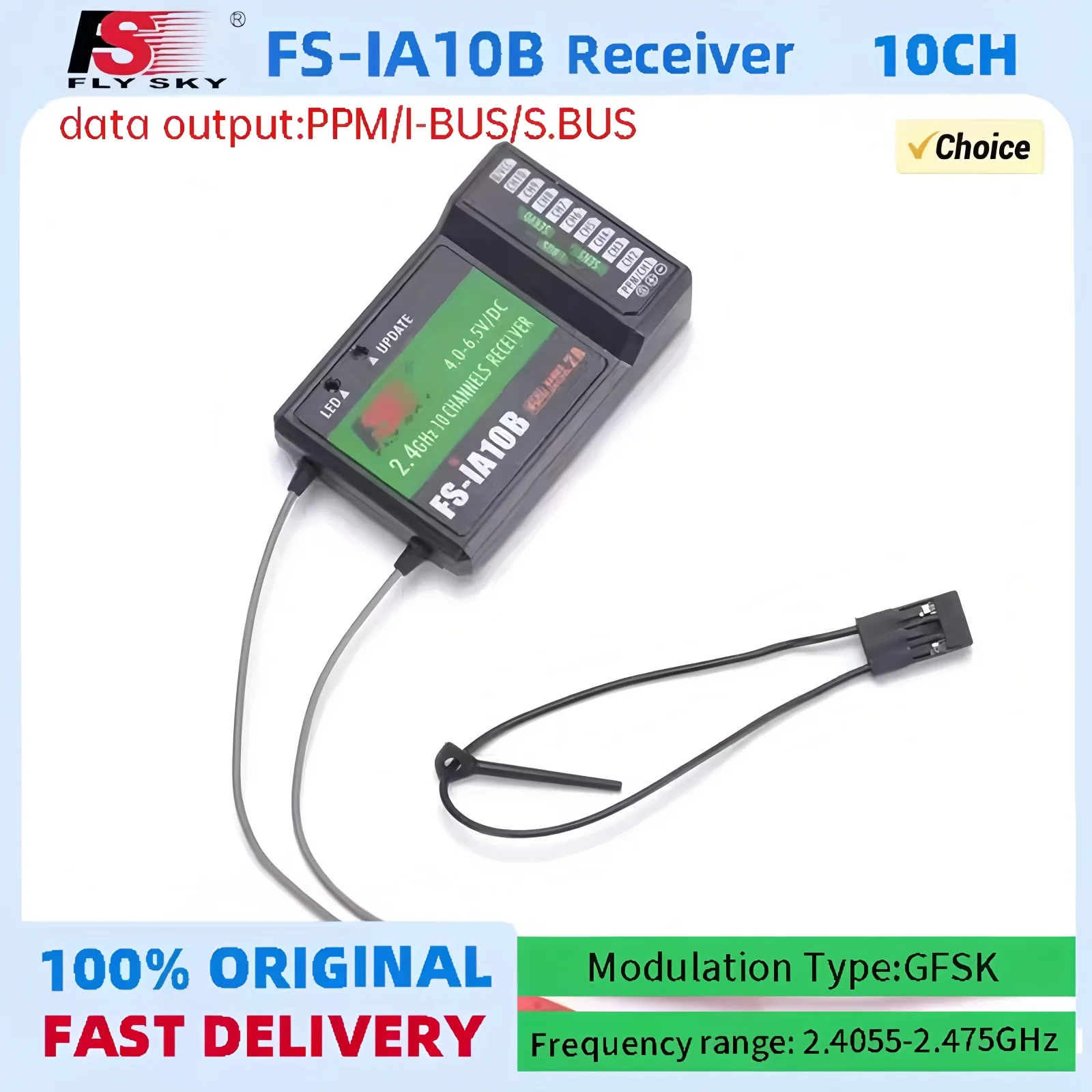 Récepteur Flysky IA10B montrant les canaux supplémentaires et le boîtier compact.
