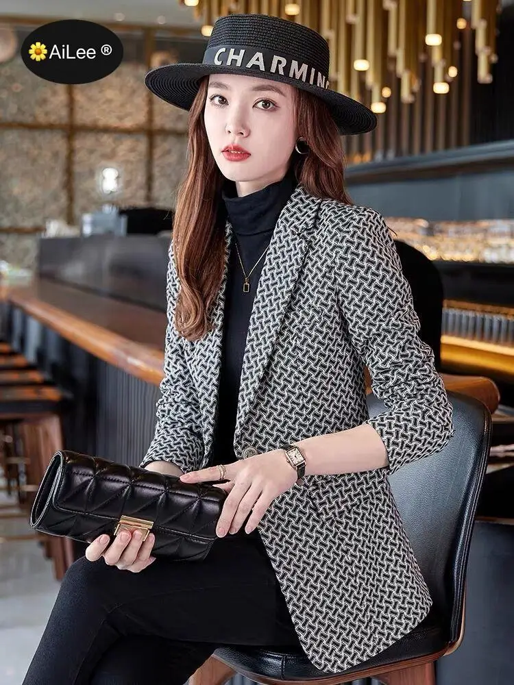 Winter Women Houndstooth Jacke Fashion Plaid Long Sleeve Blazer Lady Office Elegant Ladies Business Single Button Suit Outerwear