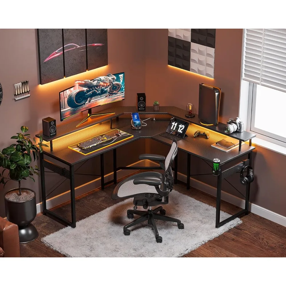 

ODK L Shaped Gaming Desk with LED Lights & Power Outlets, 51" Computer Desk with Full Monitor Stand, Corner Desk with Cup Holder