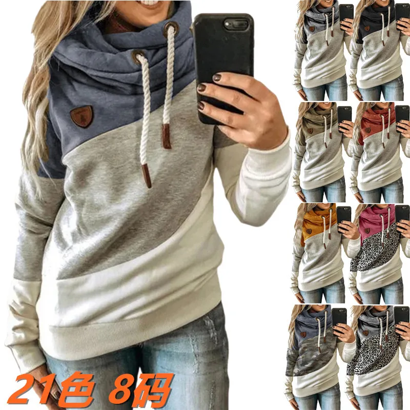 Casual Hoodie Women Patchwork Hooded Sweatshirt Autumn Winter Leopard Print Harajuku Drawstring Long Sleeve Pullover Tops