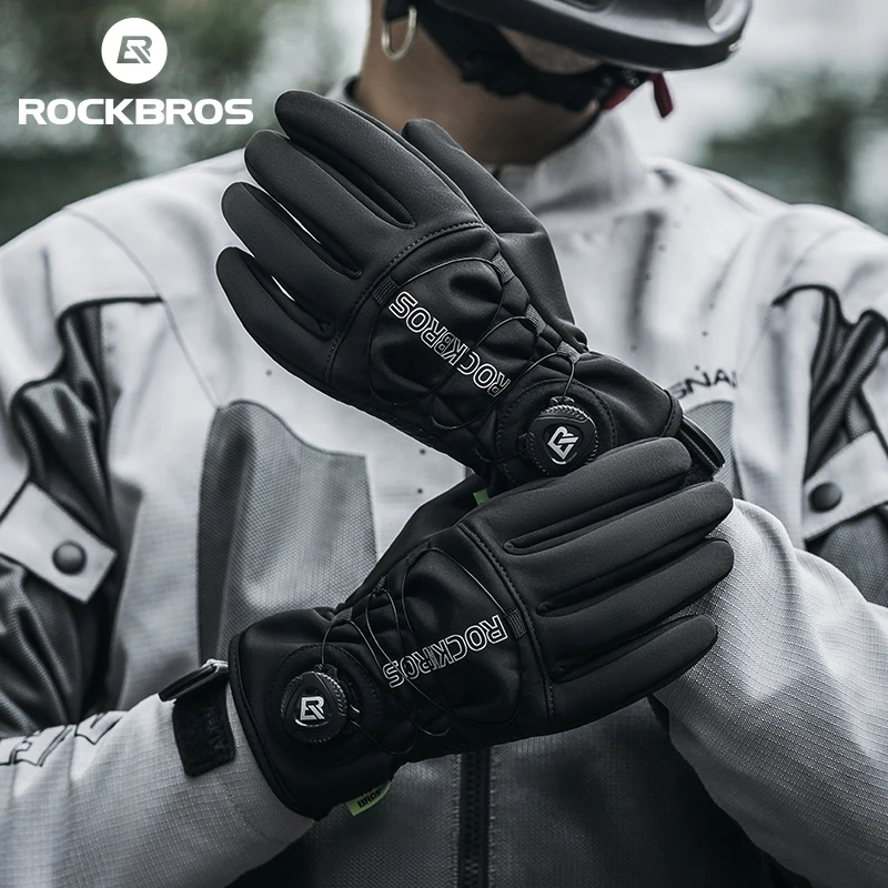RockBros Guanti Invernali Ciclismo 5 Dita - Antivento, Touch Screen, Palmo Similpelle, Nero - copertina
