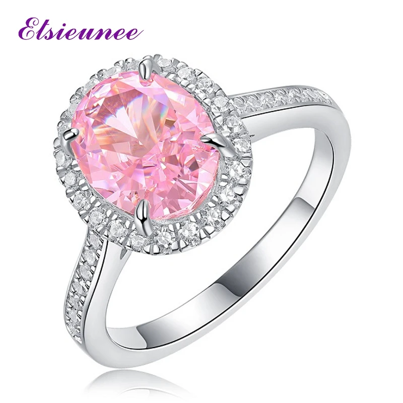 

ELSIEUNEE 18K White Gold Plated 8x10MM Oval Cut Pink Sapphire Ring 100% 925 Sterling Silver Wedding Engagement Fine Jewelry Gift