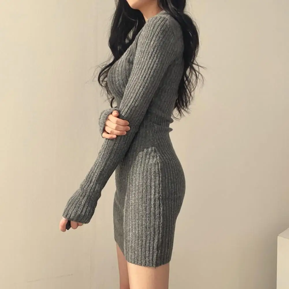 

Spring Fashion Cute Slim Party Dress SML Long Sleeve 2 Colors Sweater Woman Knitted Dress Skinny Sheath Dress Vintage Dress