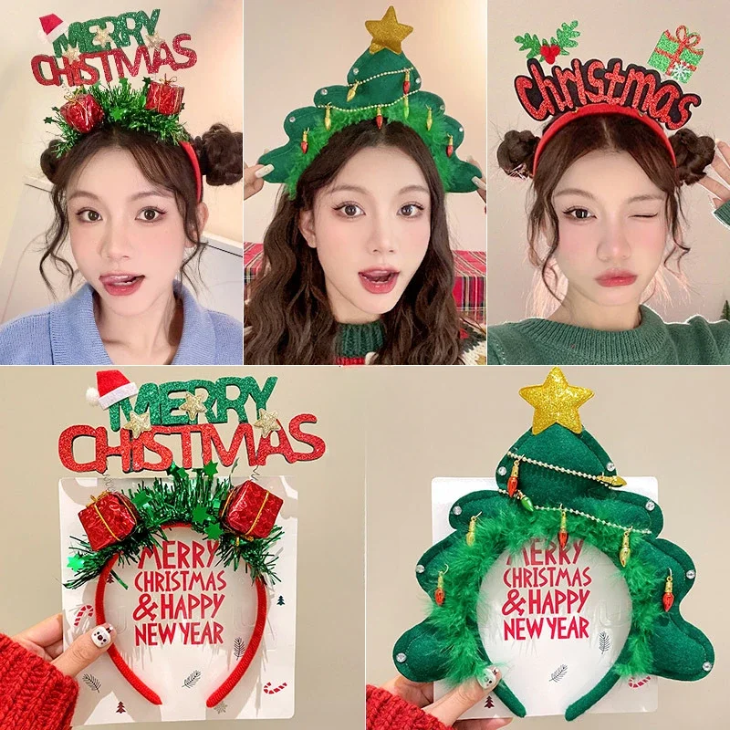 New Happy Christmas Headband INS Christmas Tree Gift Headband Bow Hair Card Cute Cartoon Photo Props Hair Accessories