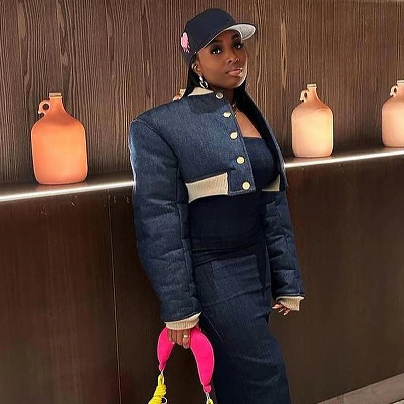 

2023 Winter Women Quilted Coat Stand Collar Long Sleeve Short Bomber Jacket Streetwear Fashion Female Warm Outerwears Blue Tops