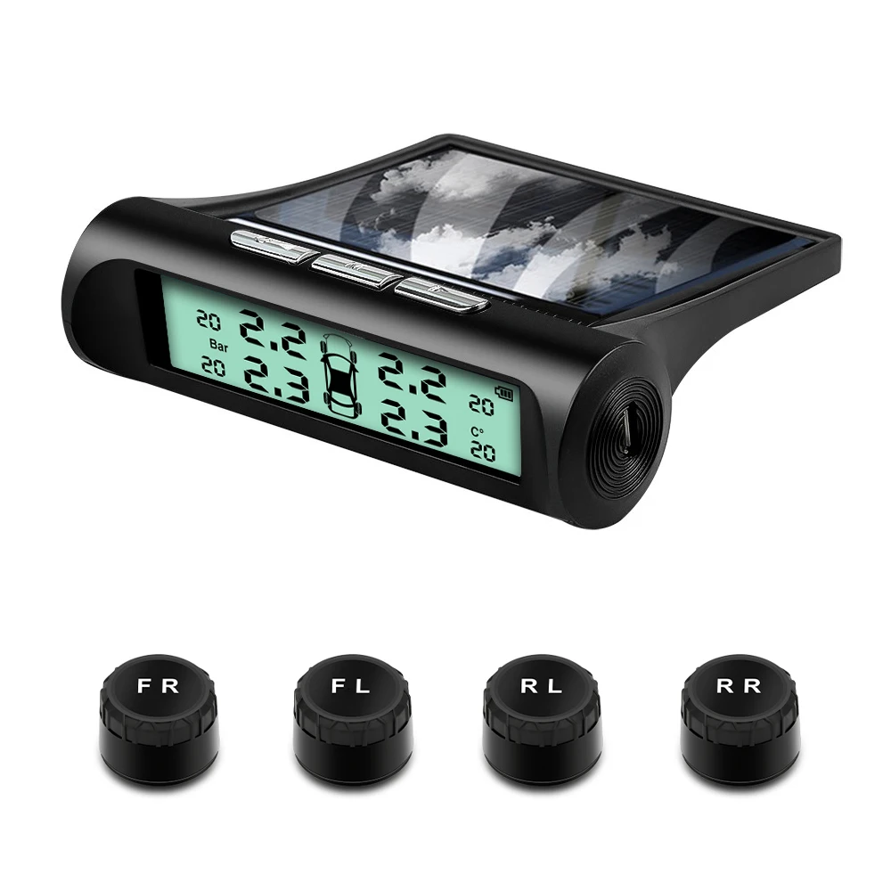 Intelligent Solar TPMS Car Tire Pressure Alarm Digital Display 4 External Sensors Waterproof Tire Pressure Temperature Warning
