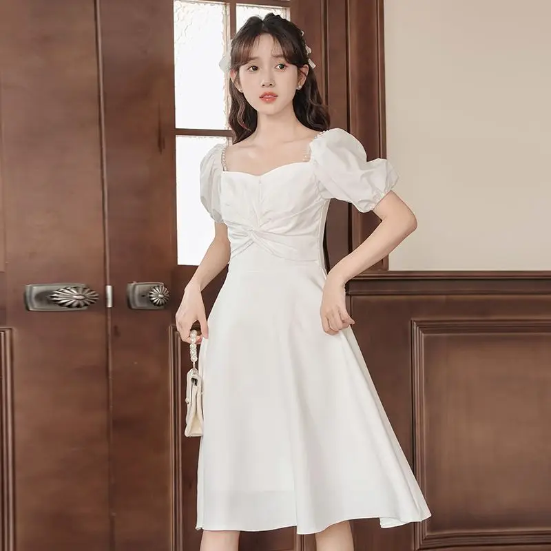 

Square Collor Puff Sleeve Fold Sweet White Dresses For Women 2023 Ladies Dresses Summer Sale Korean Fashion Vestidos Elegants