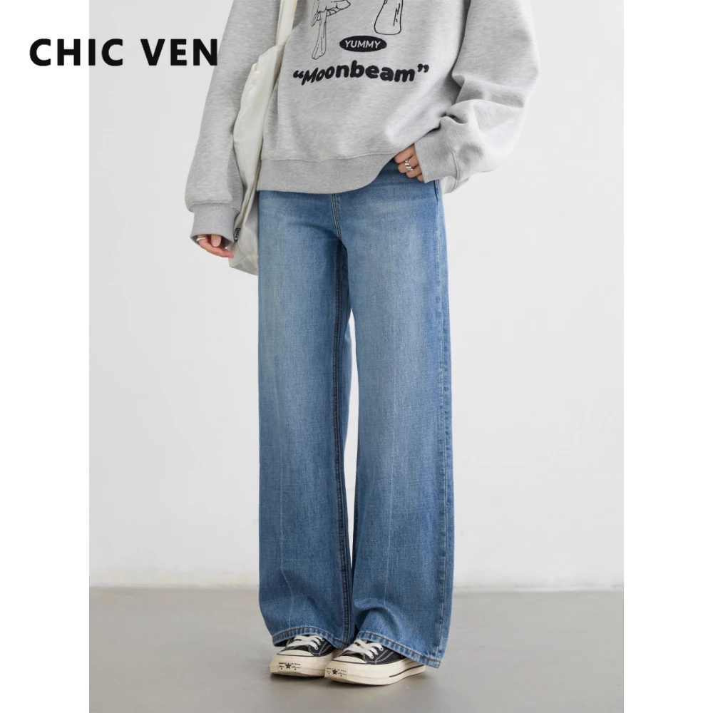 CHIC VEN Women Jeans Blue Loose Casual Solid New Retro Cotton Wide Leg Denim Pants Female Trousers Spring Autumn 2025