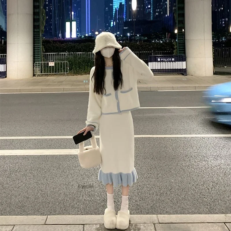 

Set Women's Autumn 2022 New Little Fragrance Design Soft Waxy Coat Skirt 2 Piece Sets Women Outfits