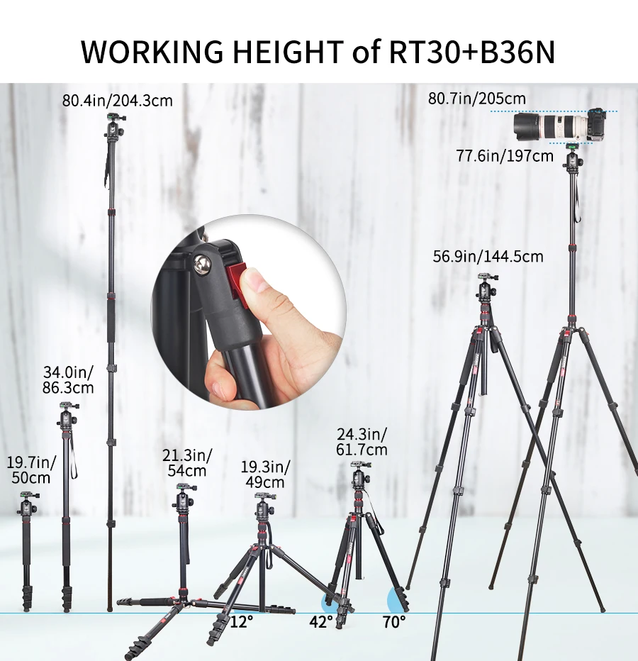 RT30 Tripod  Fast Flip Buckle Height 197cm/77.6in Monopod Aluminium Alloy Profes