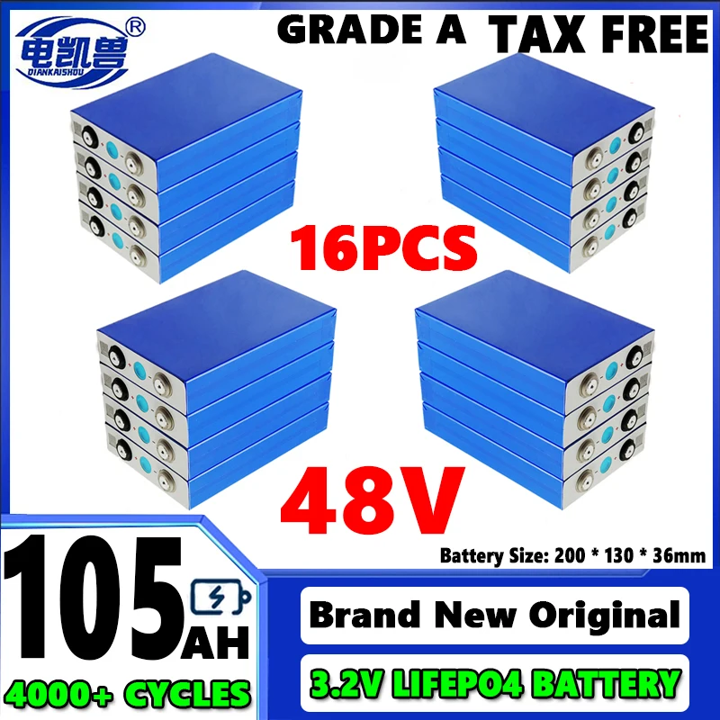 

16pcs 3.2V 105Ah Lithium Iron Phosphate Rechargeable Lifepo4 Battery12V 24V 48V Prismatic Cell for Solar Storage RV Car Vans