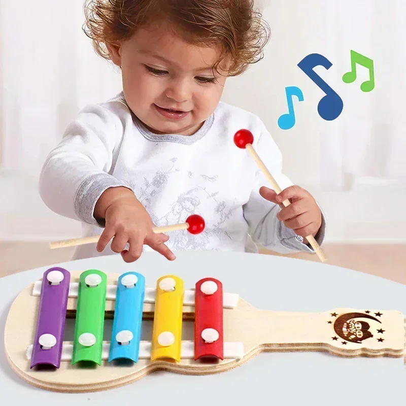 InfantMontessoriWoodenMusicToysXylophoneRattleSandHammer