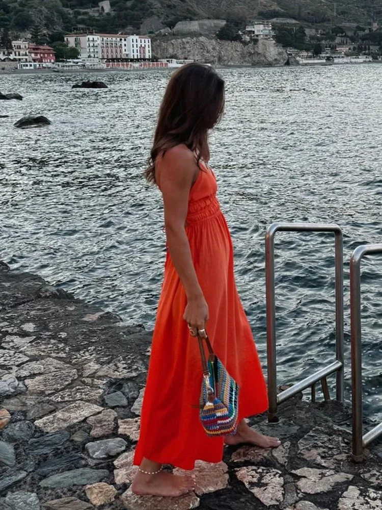 Foridol オレンジ背中の開いたタイアップセクシーな夏の女性のドレス V